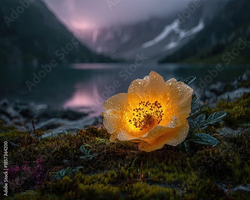 Illuminated Yellow Flower By Mountain Lake