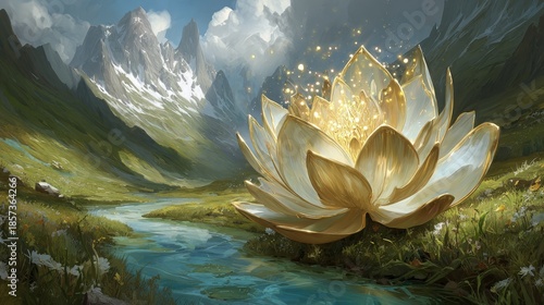 Golden Lotus Flower In Mountain Valley Landscape