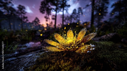 Glowing Flower In Forest At Sunset