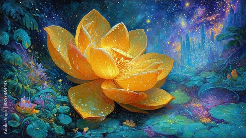 Golden Glowing Lotus Flower In Magical Garden