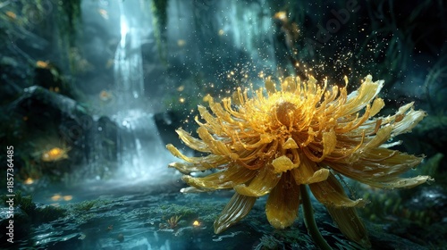 Glowing Golden Flower By Waterfall In Fantasy Forest