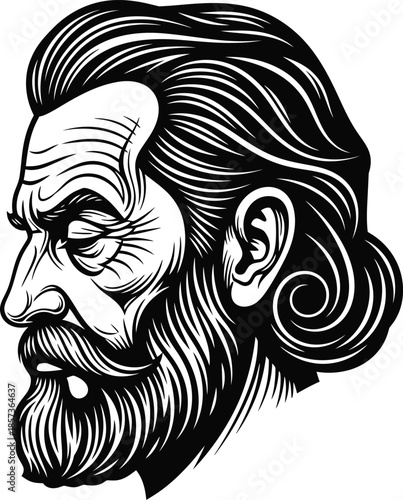 Bearded Man Portrait Engraving Vector Illustration