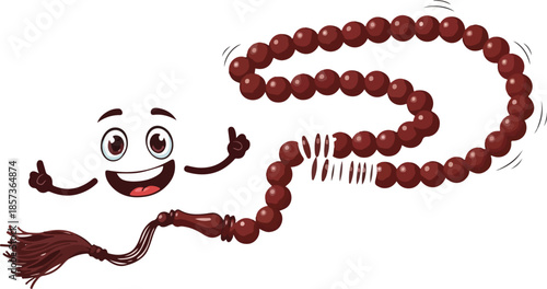 A cartoon rosary with a smiling face and raised eyebrows on a white background with a playful mood.