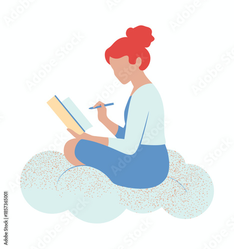 This illustration portrays a creative woman sitting on a fluffy cloud, deeply focused while writing in a book, conveying inspiration and imagination in a whimsical setting.