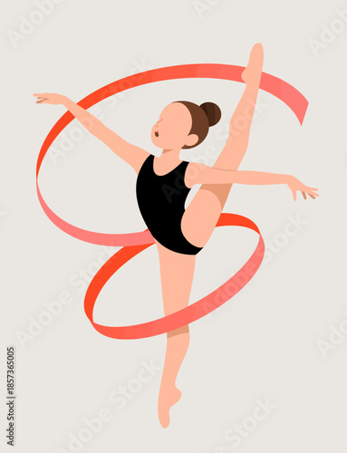 A vibrant illustration of a dancer gracefully poised in movement, showcasing flexibility and elegance with flowing red ribbons that add a dynamic flair to her performance.