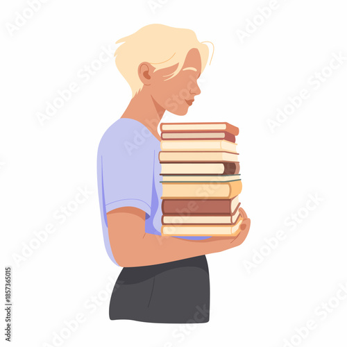 A young person stands confidently while holding a stack of various books, showcasing their love for reading and knowledge with a relaxed demeanor and inviting expression.