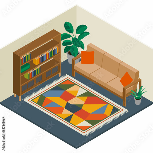 This isometric illustration presents a cozy living room featuring vibrant decor, a warm color palette, and furniture that inspires comfort and homey vibes.