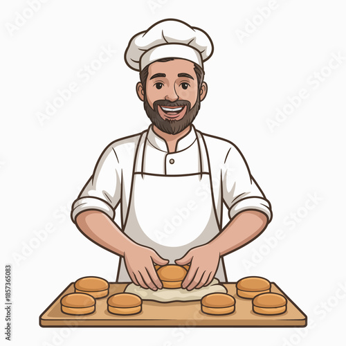A cheerful male chef skillfully shapes dough at a bakery counter, showcasing the art of baking and the joy of creating delicious pastries and bread.