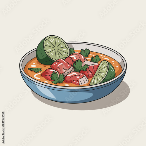 A visually appealing bowl of soup filled with fresh ingredients like meat and lime, emphasizing the vibrant colors and the essence of culinary delights.