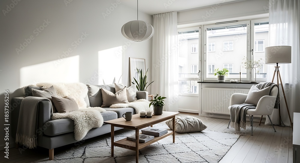 Fototapeta premium Bright and Cozy Living Room with Modern Scandinavian Interior Design.