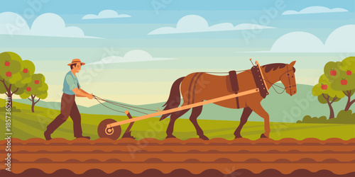 A farmer guiding a horse-drawn plow across a sunny field, demonstrating traditional farming techniques and the bond between man and animal in a pastoral landscape.