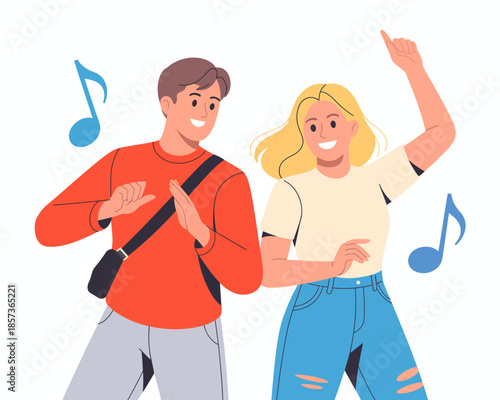 An excited young couple dances joyfully to music, embodying a carefree spirit and shared happiness, in an energetic moment that captures their connection and fun.
