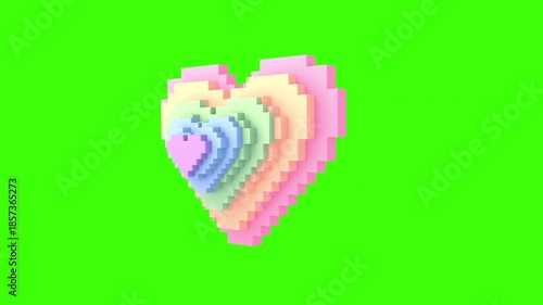 3D rotating voxel rainbow heart object on green screen animation. (loop)