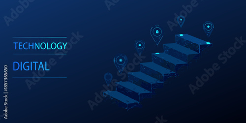 Isometric steps with location pins representing technological advancement and digital growth