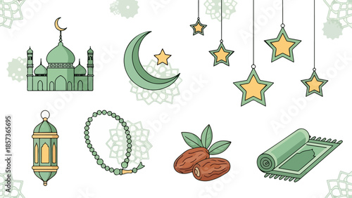 Flat lay illustration of various Ramadan symbols including a mosque, crescent moon, stars, lantern, prayer beads, dates, and prayer mat on a white background with green accents.
