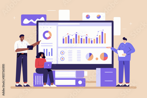 Data analysis and team collaboration with charts graphs and digital displays