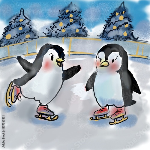 Cute Pinguin in ice rink, Cartoon illustration for postcard
