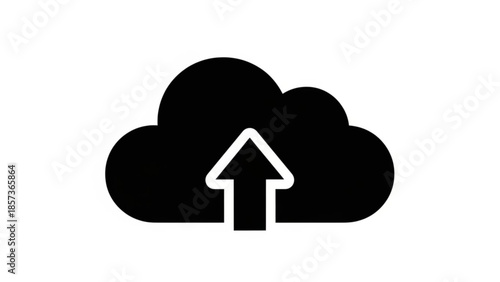 Cloud Upload Icon: A minimalistic black icon of a cloud with an upward-pointing arrow, representing data upload and cloud storage, ideal for illustrating technology concepts.