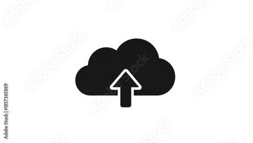 Cloud Upload Icon: A minimalistic icon features an upward arrow rising from a cloud, representing data transfer, information storage, and network technology.