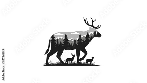 Majestic Elk Silhouette with Forest Landscape Inside.