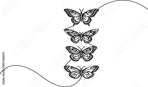 Four Butterflies Stacked in Vertical Continuous Line Art Composition