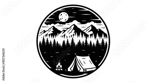 Mountain Camping Scene with Tent and Campfire Under the Moon.