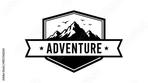 Retro Adventure Mountain Emblem with Birds Flying.
