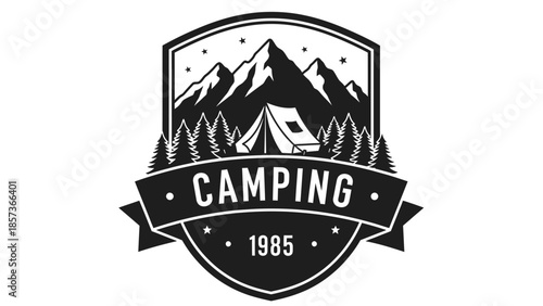 Vintage Camping Emblem with Mountains and Tent.