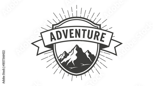 Vintage Adventure Emblem with Mountains and Sunburst.