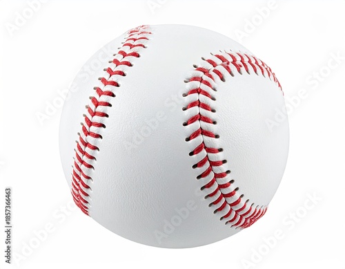 A close-up shot of a classic white baseball with red stitching