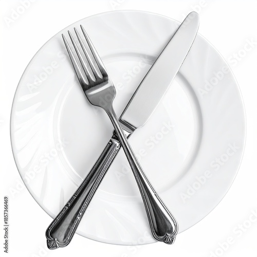 Overhead shot of plate with crossed fork and knife, white background