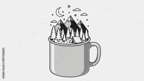Camping Adventure Inside a Coffee Mug Illustration.