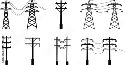 Silhouettes of electrical power transmission towers and utility poles with wires Keywords: electricity, power, transmission