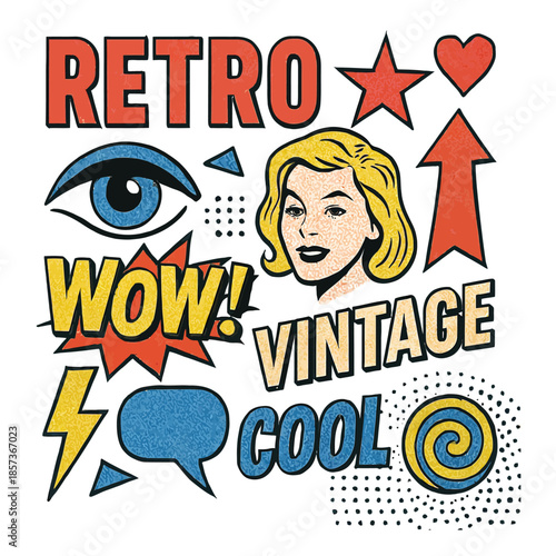 Halftone Retro Collage with Vintage Typography, Graphic Elements, and Pop Art Influences - Clean Vector Paths, White Background, Modern Retro Design 