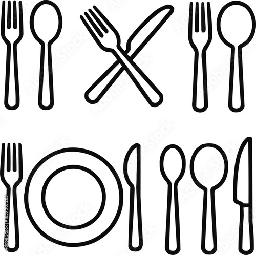 Cutlery Outline Icon Set Fork, Spoon, Knife for Menus