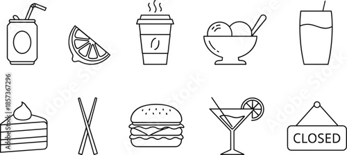 Outline Vector Icon Set Representing Casual Dining Food Service Refreshments Retail Signage Cafe Menu Items and Professional Hospitality Concepts
