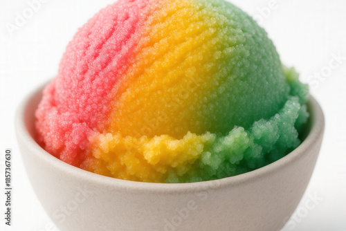 Vibrant Rainbow Sherbet Ice Cream Scoop With Pink Yellow And Green Fruit Flavors
