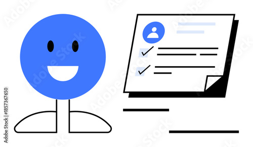 Blue happy figure next to a document with a profile image and checkmarks. Ideal for concepts thumbs up task management, profile review, organization, productivity, evaluation, personal development