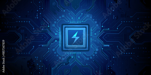 Abstract digital circuit board with a central lightning bolt symbol