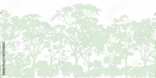 A serene landscape featuring a silhouette of trees in soft green hues