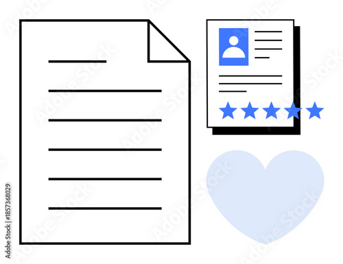 Document and profile card with user photo and star ratings alongside a heart symbol. Ideal for job recruitment, employee reviews, human resources, performance evaluation, career development, hiring