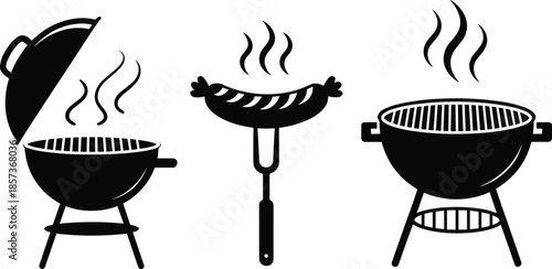 Barbecue grill icons set, sausage on fork, charcoal bbq equipment illustration, cooking symbol collection, black and white vector design