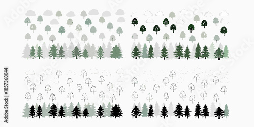Stylized forest illustration with varying tree shapes and shades of green