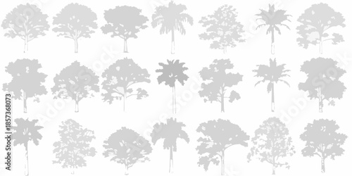 Collection of diverse tree silhouettes against a plain white background