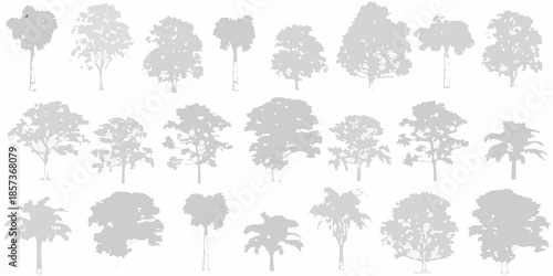 Collection of various tree silhouettes against a plain white background