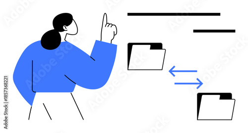 Data sharing, file transfer, digital organization, network collaboration, database management, cloud technology. Woman pointing to folders with arrows indicating transfer. Data sharing and file