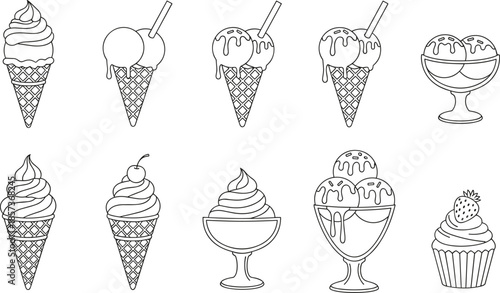 Outline Vector Icon Set Representing Artisanal Ice Cream Cones Soft Serve Sundaes Frozen Yogurt and Professional Dessert Parlor Menu Concepts