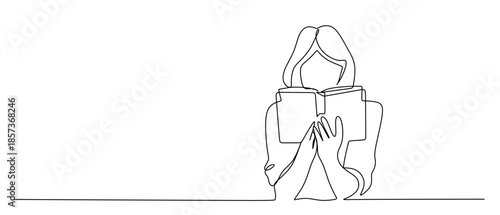 Continuous line art of a woman holding and reading an open book for education and knowledge