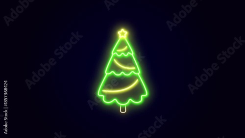 Neon Christmas tree on dark background. Christmas and New Year.. 4K Video motion graphic