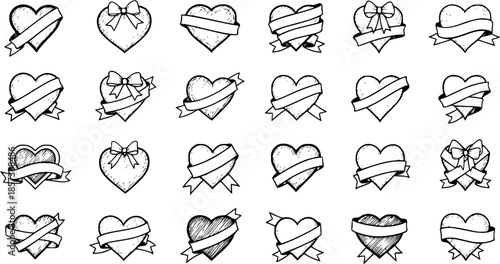 Black and White Line Art Collection of Heart Icons with Ribbons and Bows, Valentine's Day, Love Symbols